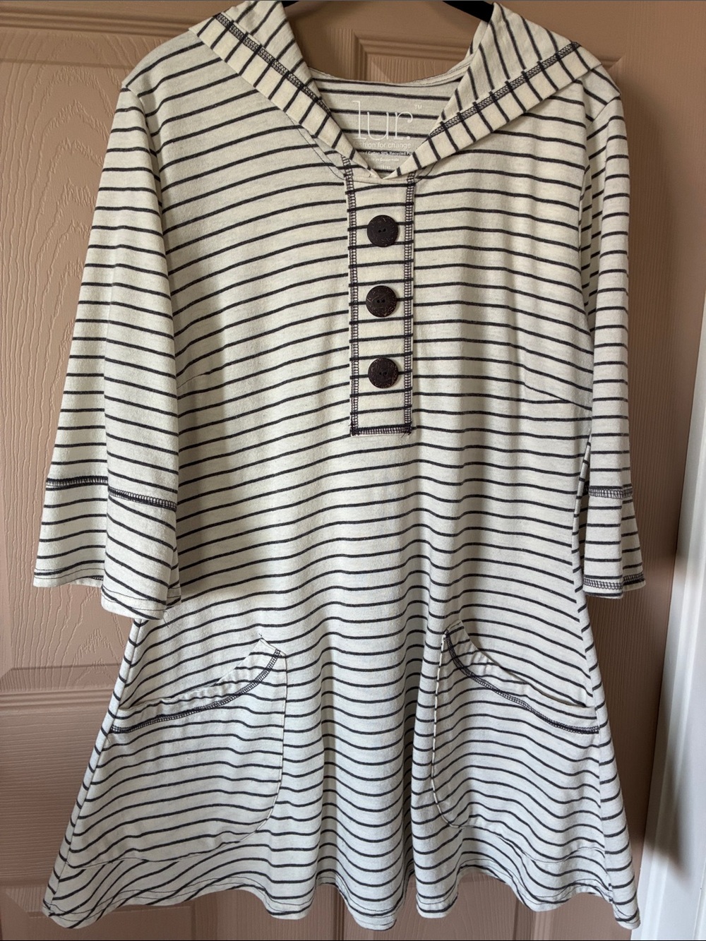Striped Cream and Black Hooded Pullover Dress with Front Buttons